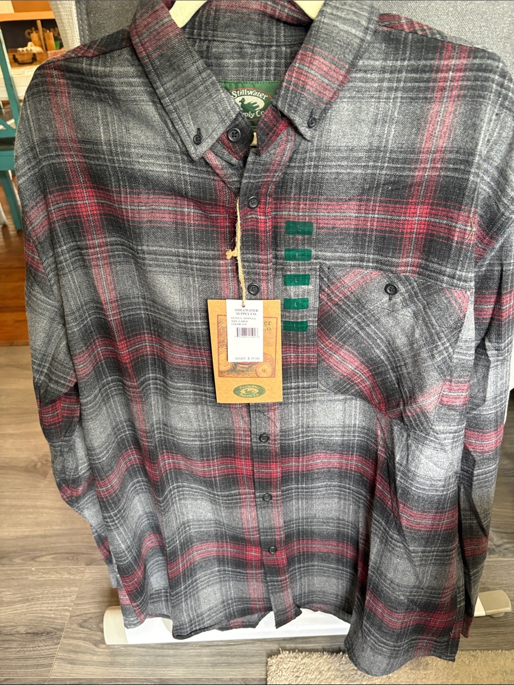 Stillwater Supply Co. Men's Gray and Red Plaid Button-Down Shirt